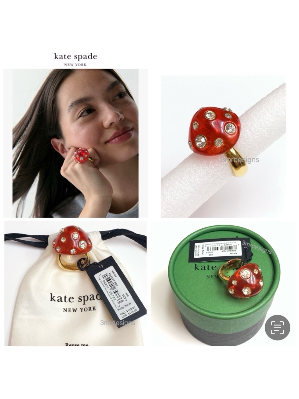 NWT Kate Spade ♠️ FOREST POP MUSHROOM 12-K Gold Plated Glass Crystals Ring